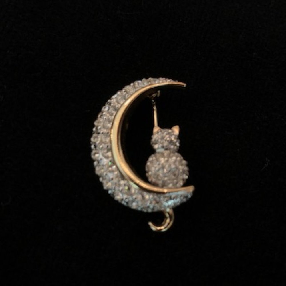 VINTAGE Cresent Moon w/Cat Brooch / Pin Clear Pave Rhinestones